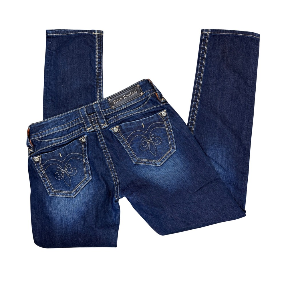 Rock Revival Jeans Womens 30‎ Dark Wash Skinny Straight Fleur De Lis NWOT